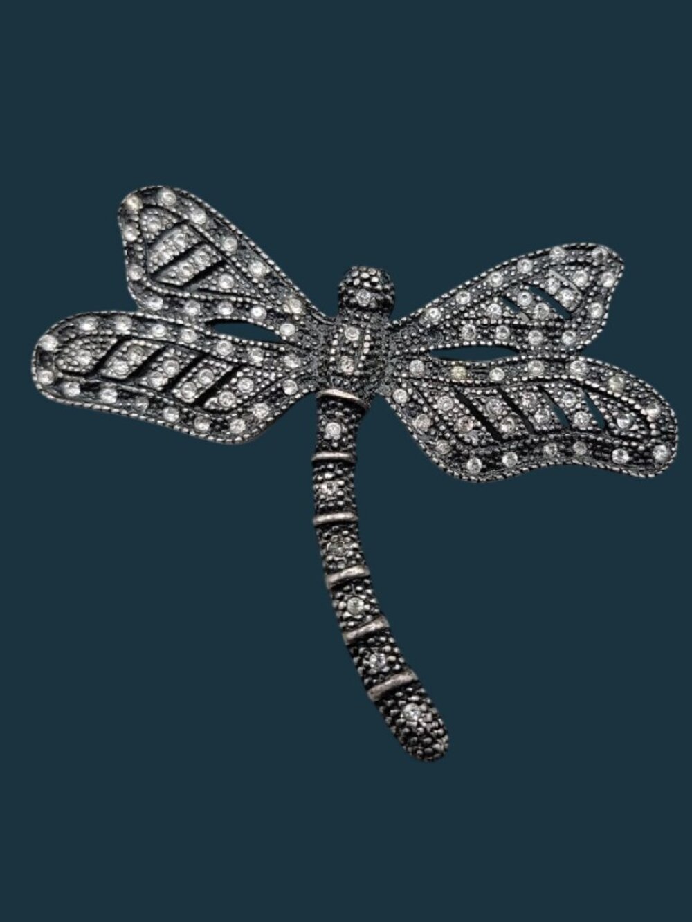 Vintage Art Deco Silvertone Marcasite Rhinestone Dragonfly Brooch Black Metal